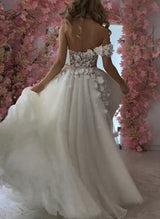 Ball-Gown One-Shoulder Sleeveless Tulle Wedding Dresses Flowers-Dbrbridal