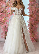 Ball-Gown One-Shoulder Sleeveless Tulle Wedding Dresses Flowers-Dbrbridal