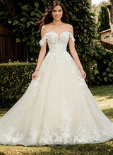 Ball-Gown Princess Elegant Appliques Lace Sweetheart Sweep Train Tulle Wedding Dress-Dbrbridal