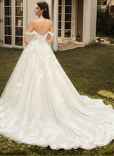 Ball-Gown Princess Elegant Appliques Lace Sweetheart Sweep Train Tulle Wedding Dress-Dbrbridal