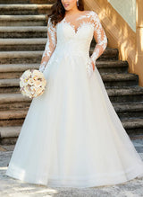 Ball-Gown Princess Illusion Neck Sweep Train Organza Plus Size Wedding Dress Lace Appliques-Dbrbridal