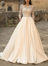 Ball-Gown Satin Wedding Dresses Stunning Lace Sleeves-Dbrbridal