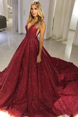 Ball Gown Sexy Deep V-Neck Spaghetti-Straps Floor Length Court Paillette Prom Dress-Dbrbridal