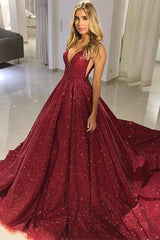 Ball Gown Sexy Deep V-Neck Spaghetti-Straps Floor Length Court Paillette Prom Dress-Dbrbridal