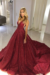 Ball Gown Sexy Deep V-Neck Spaghetti-Straps Floor Length Court Paillette Prom Dress-Dbrbridal