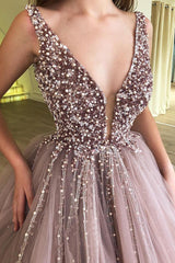Ball Gown Sexy Deep V-Neck Wide Strap Floor Length Tulle Beadings Prom Dress-Dbrbridal