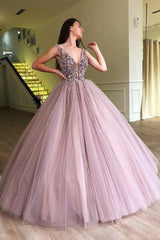Ball Gown Sexy Deep V-Neck Wide Strap Floor Length Tulle Beadings Prom Dress-Dbrbridal