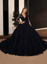 Ball-Gown V-neck Long Sleeve Tulle Wedding Dresses Appliques Lace in Black-Dbrbridal
