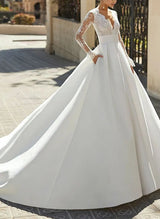 Ball-Gown V-Neck Long Sleeves Chapel Train Wedding Dresses Pockets-Dbrbridal