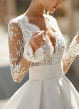 Ball-Gown V-Neck Long Sleeves Chapel Train Wedding Dresses Pockets-Dbrbridal