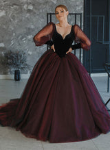 Ball-Gown V-Neck Long Sleeves Retro style Tulle Velvet Black Red Gothic Wedding Dresses-Dbrbridal