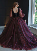 Ball-Gown V-Neck Long Sleeves Retro style Tulle Velvet Black Red Gothic Wedding Dresses-Dbrbridal
