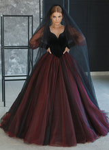 Ball-Gown V-Neck Long Sleeves Retro style Tulle Velvet Black Red Gothic Wedding Dresses-Dbrbridal