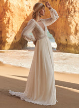Ball-Gown V-Neck Long Sleeves Tulle Lace Sweep Train Wedding Dresses Pleated Lace-Dbrbridal