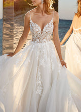 Ball-Gown V-neck Sleeveless Tulle Court Train Wedding Dress Lace Appliques-Dbrbridal