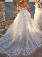 Ball-Gown V-neck Sleeveless Tulle Court Train Wedding Dress Lace Appliques-Dbrbridal