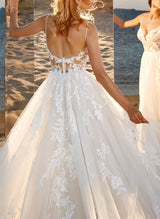 Ball-Gown V-neck Sleeveless Tulle Court Train Wedding Dress Lace Appliques-Dbrbridal