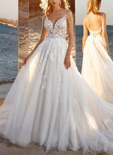 Ball-Gown V-neck Sleeveless Tulle Court Train Wedding Dress Lace Appliques-Dbrbridal