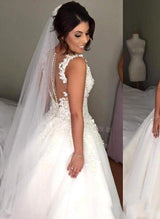 Ball-Gown V-neck Tulle Court Train Wedding Dresses Appliques Lace-Dbrbridal
