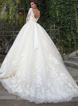 Ball-Gown V-Neck Tulle Lace Chapel Train Wedding Dress Appliques Lace-Dbrbridal