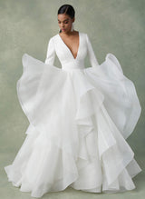 Ball-Gown Wedding Dresses Cascading Ruffles Long Sleeves-Dbrbridal