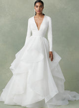 Ball-Gown Wedding Dresses Cascading Ruffles Long Sleeves-Dbrbridal