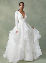 Ball-Gown Wedding Dresses Cascading Ruffles Long Sleeves-Dbrbridal