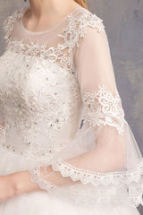 Ball Gown Wedding Dresses Tulle Jewel 3/4 Length Sleeve Long Princess Bridal Gown-Dbrbridal