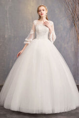 Ball Gown Wedding Dresses Tulle Jewel 3/4 Length Sleeve Long Princess Bridal Gown-Dbrbridal