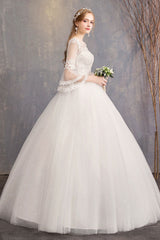 Ball Gown Wedding Dresses Tulle Jewel 3/4 Length Sleeve Long Princess Bridal Gown-Dbrbridal