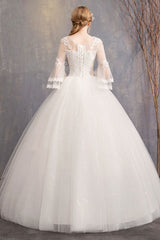 Ball Gown Wedding Dresses Tulle Jewel 3/4 Length Sleeve Long Princess Bridal Gown-Dbrbridal