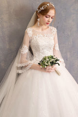 Ball Gown Wedding Dresses Tulle Jewel 3/4 Length Sleeve Long Princess Bridal Gown-Dbrbridal