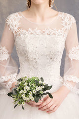 Ball Gown Wedding Dresses Tulle Jewel 3/4 Length Sleeve Long Princess Bridal Gown-Dbrbridal