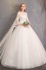 Ball Gown Wedding Dresses Tulle Jewel 3/4 Length Sleeve Long Princess Bridal Gown-Dbrbridal