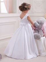 Bateau Neck Satin Fabric Sleeveless Floor Length A-Line Bows Kids Social Party Dresses-Dbrbridal