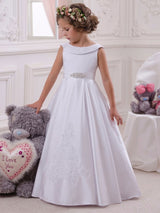 Bateau Neck Satin Fabric Sleeveless Floor Length A-Line Bows Kids Social Party Dresses-Dbrbridal
