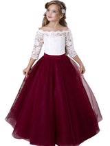 Bateau Neck Tulle Floor Length Princess Sash Kids Party Dresses-Dbrbridal