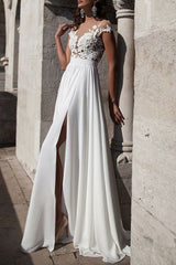 Beach Wedding Dress A-line Chic V-Neck Sleeveless Split Lace Appliqued Boho Bridal Gowns With Sweep Train-Dbrbridal