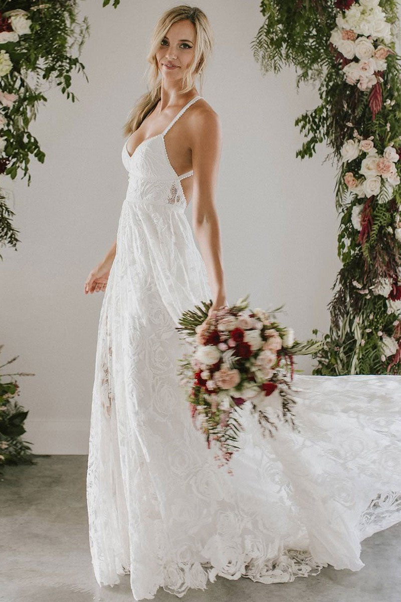 Beach Wedding Dress With Chapel Train White V-neck Sleeveless Backless Lace Split Long Bridal Gowns Dbrbridal Beach Wedding Dress With Chapel Train White V-neck Sleeveless Backless Lace Split Long Bridal Gowns Dbrbridal