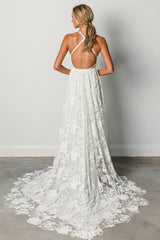 Beach Wedding Dress With Chapel Train White Chic V-Neck Sleeveless Sexy Backless Lace Split Long Bridal Gowns-Dbrbridal