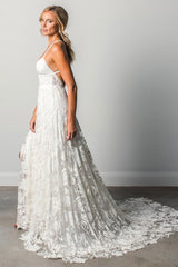 Beach Wedding Dress With Chapel Train White Chic V-Neck Sleeveless Sexy Backless Lace Split Long Bridal Gowns-Dbrbridal