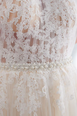 Beach Wedding Dresses Halter Champagne Lace Tulle Beaded Flowers Bridal Gowns With Train-Dbrbridal