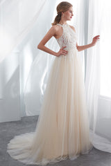 Beach Wedding Dresses Halter Champagne Lace Tulle Beaded Flowers Bridal Gowns With Train-Dbrbridal