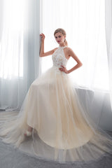 Beach Wedding Dresses Halter Champagne Lace Tulle Beaded Flowers Bridal Gowns With Train-Dbrbridal