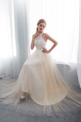 Beach Wedding Dresses Halter Champagne Lace Tulle Beaded Flowers Bridal Gowns With Train-Dbrbridal