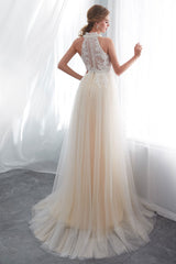 Beach Wedding Dresses Halter Champagne Lace Tulle Beaded Flowers Bridal Gowns With Train-Dbrbridal