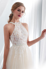 Beach Wedding Dresses Halter Champagne Lace Tulle Beaded Flowers Bridal Gowns With Train-Dbrbridal