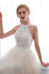 Beach Wedding Dresses Halter Champagne Lace Tulle Beaded Flowers Bridal Gowns With Train-Dbrbridal