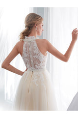 Beach Wedding Dresses Halter Champagne Lace Tulle Beaded Flowers Bridal Gowns With Train-Dbrbridal
