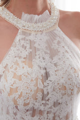 Beach Wedding Dresses Halter Champagne Lace Tulle Beaded Flowers Bridal Gowns With Train-Dbrbridal